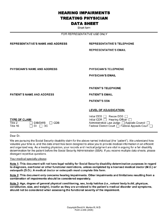 Hearing Impairment Treating Physician Data Sheet